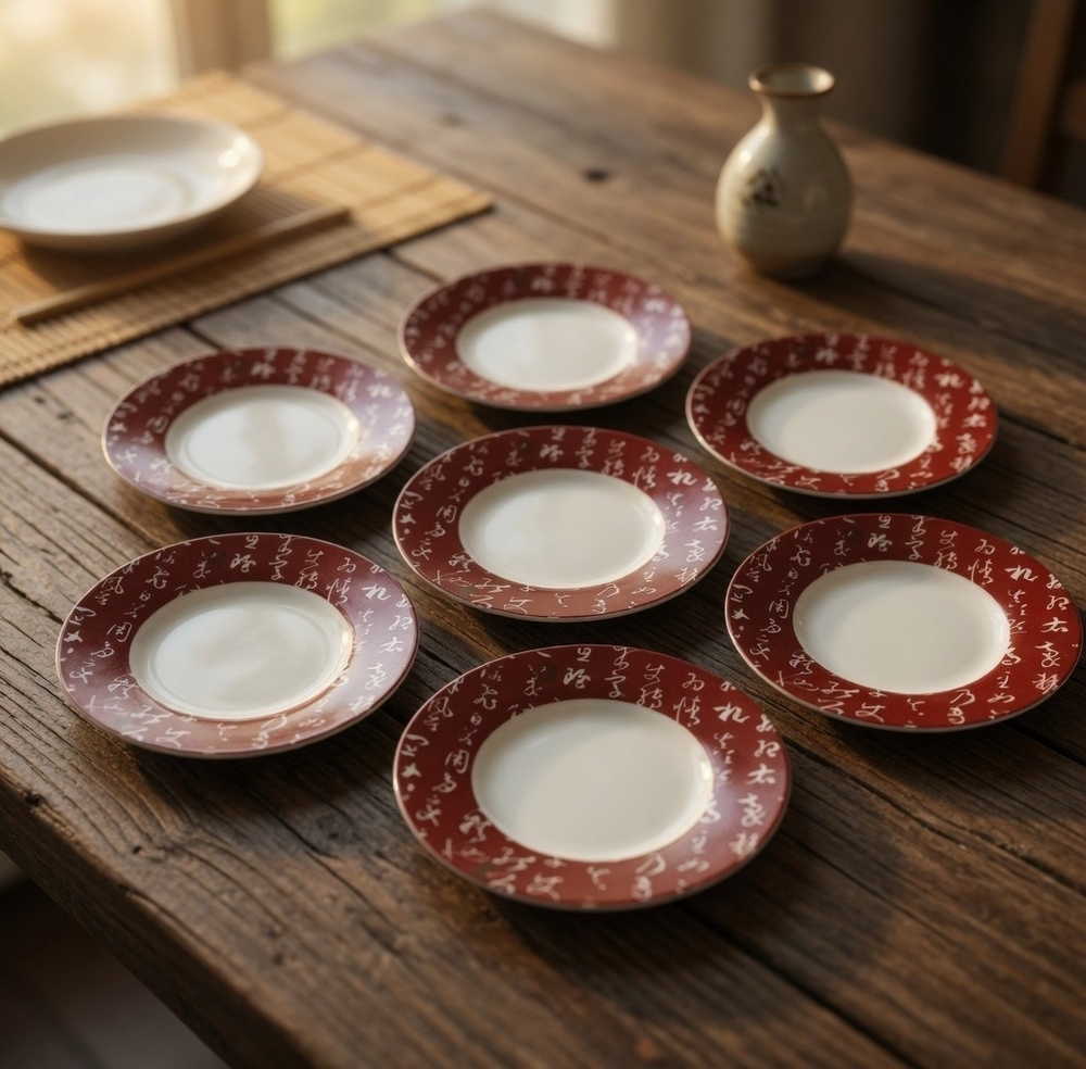 7pc Japanese Kana Calligraphy Ceramic Saucer Plate Set Red White 6.25" EXC